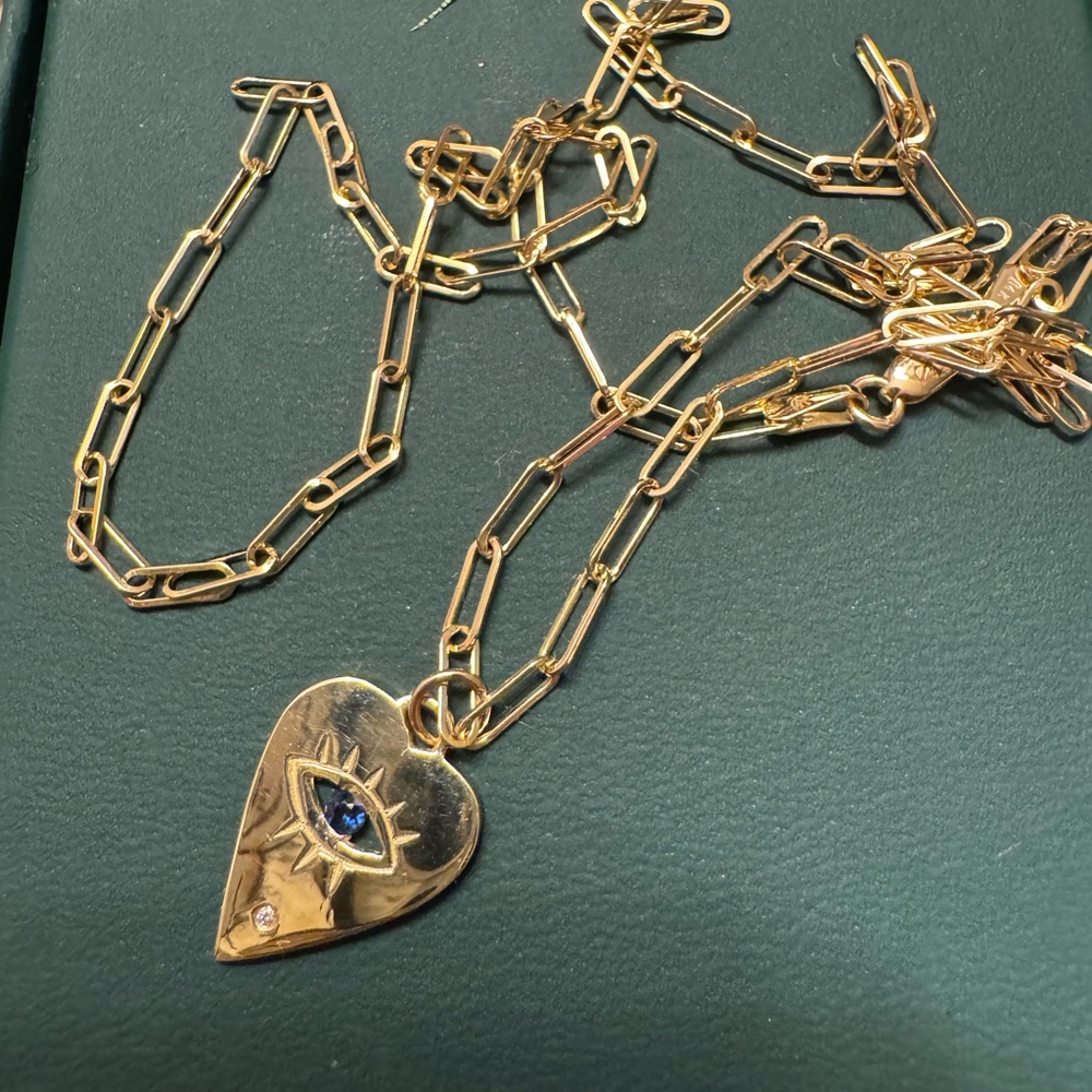 14k Gold Evil Eye 🧿 Necklace with Sapphire on Paperclip Chain. 18”